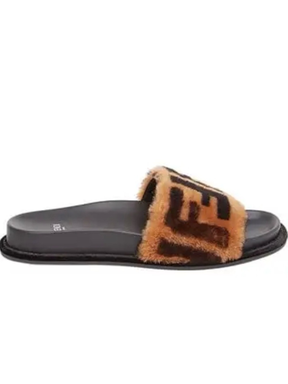 AUTHENTIC FENDI FF Faux-Fur Slide Sandal in Brown and Black comfy sole